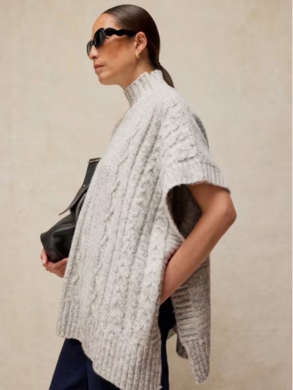 Joie Light Gray Cable Knit Mock Neck Poncho